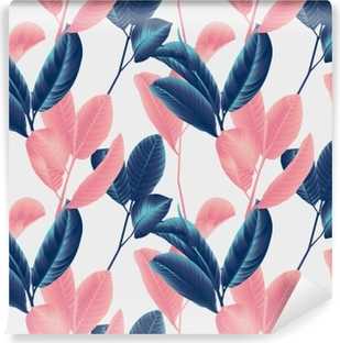 un peu de rose! Seamless pattern, hand drawn blue and pink guava leaf on sprig o